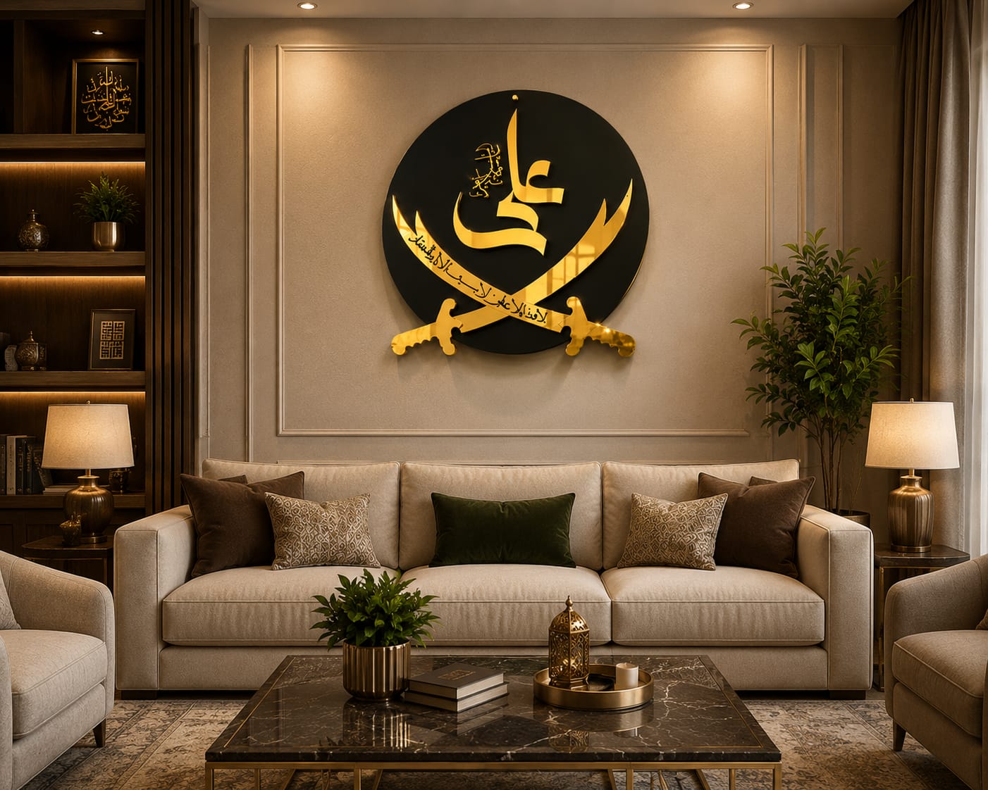 Ali (A.S.) Zulfiqar Islamic Wall Art – Premium Gold Acrylic & Black Wood Decor | 3D Islamic Calligraphy Wall Hanging | 16×16 Inches